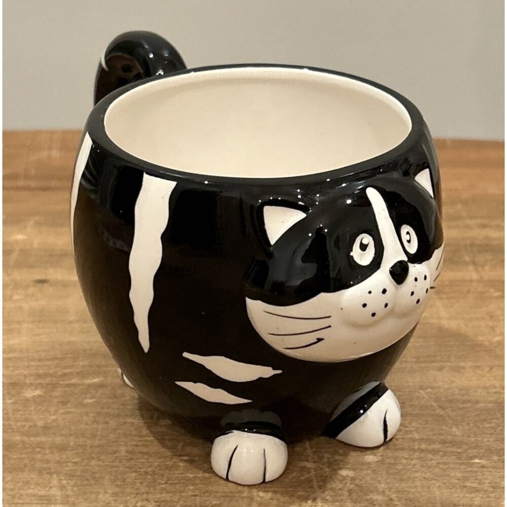 Chubby Cat Mug Pier 1 Imports Black & White Coffee Cup Hand Painted 12 oz